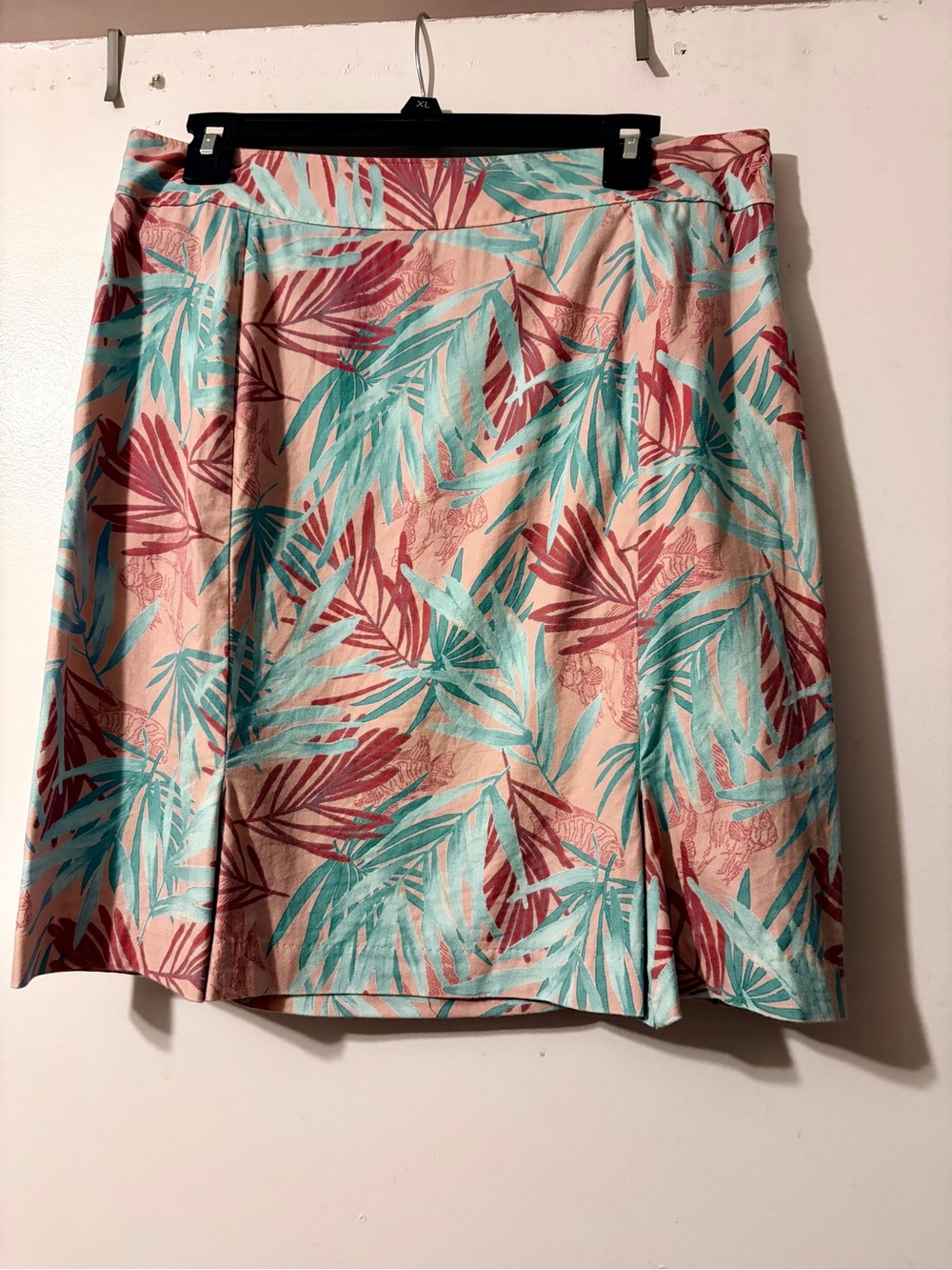 Columbia River Resort Peach A-Line Skirt with Teal and Burgundy Tropical Leaves